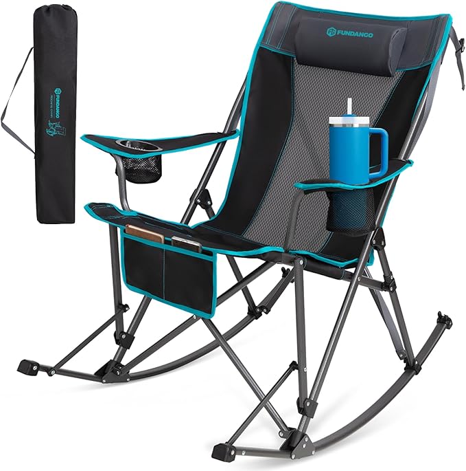 FUNDANGO Oversized Rocking Camping Chair for Adults, Portable Folding Lawn Chairs for Outside with Pillows, Wide Armrest, 2 Cup Holders, Carry Bag for Patio Garden Outdoor Supports 300Lbs (Black/Blue)