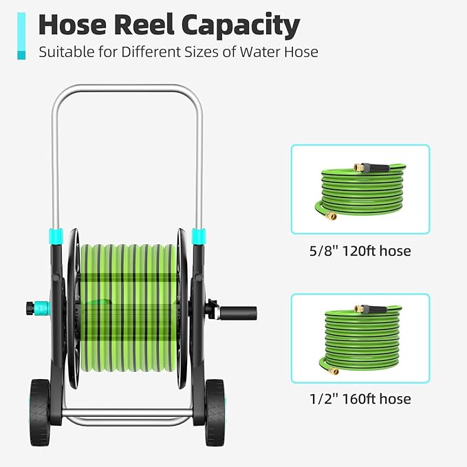 Garden Hose Reel for Outside,Hold Up to 100-120 ft of 5/8’’ Hose,Metal Hose Reel Cart with Adjustable Armrests and 2 Wheels,Durable Water Hose Holder for Garden, Yard, Lawn