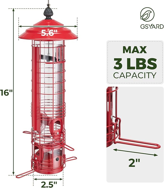 Kingsyard Squirrel Proof Bird Feeder for Outside Hanging, Weight-Activated All-Metal Wild Bird Feeders for Cardinal Finch, Detachable Base Easy to Clean, 3 LBS Capacity,Red