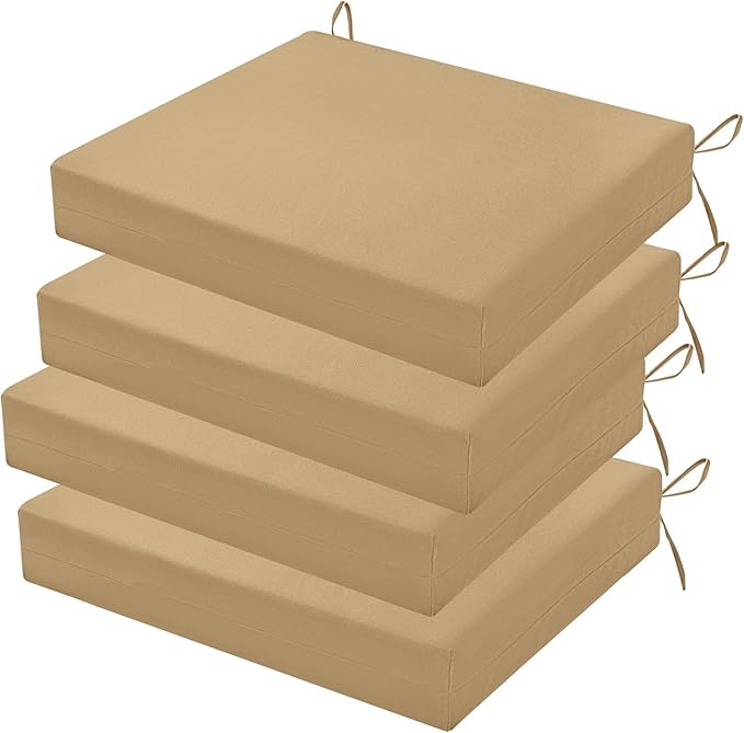 Outdoor Chair Cushions Set of 4, 18.5 x 16 Inch Patio Chair Cushions for Outdoor Furniture, Water Resistant, Non-Slip Ties(Khaki)