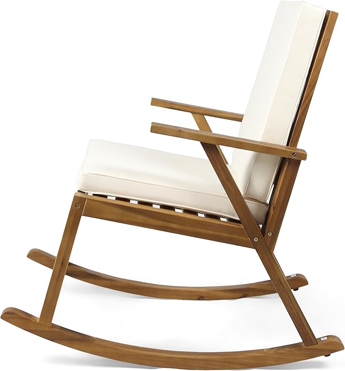 Christopher Knight Home Brent Outdoor Acacia Wood Rocking Chair with Water-Resistant, Teak Finish/Cream Cushion