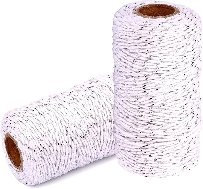 Cotton Twine String Bakers Rope: 2 Roll Twines for Crafts Gift Wrapping - 656 Feet Silver White Twine for Kitchen Cooking