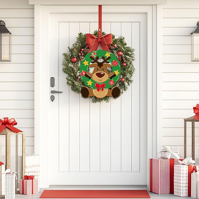 Whaline Christmas Reindeer Wooden Hanging Sign Xmas Cute Reindeer Wreath Welcome Wood Sign Holiday Door Decor Signs for Farmhouse Home Indoor Outdoor Porch Wall Office Decor