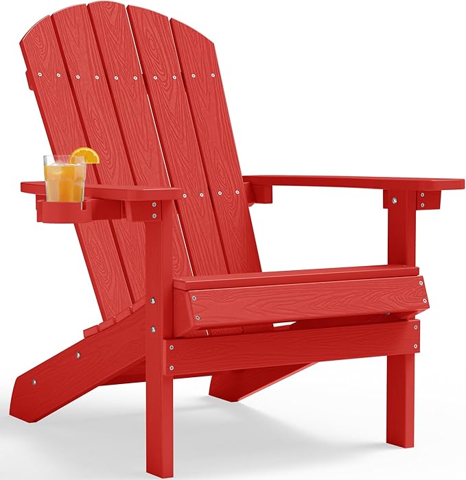 YEFU Adirondack Chair Weather Resistant: Plastic Adirondack Chairs - Patio Chairs with Cup Holder & Wood Texture - Outdoor Chair HIPS - Lawn Fire Pit Deck Porch Garden Chairs for Adults (Red)