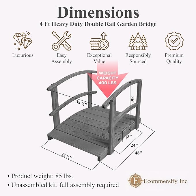 4 FT Grey Amish Made Garden Bridge with Double Rails for Walkway, Backyard Pond & Landscaping, Outdoor Wooden Footbridge for Koi Pond, Japanese Style Decorative Bridge, Made in USA