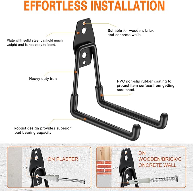Heavy Duty Garage Hooks 10 Pack, 5.1 inch Medium U Shaped Hanger, Wall Mounted Storage System, Power and Garden Tool Organizer, for Hanging Ladders, Hose, Bulk Items and More