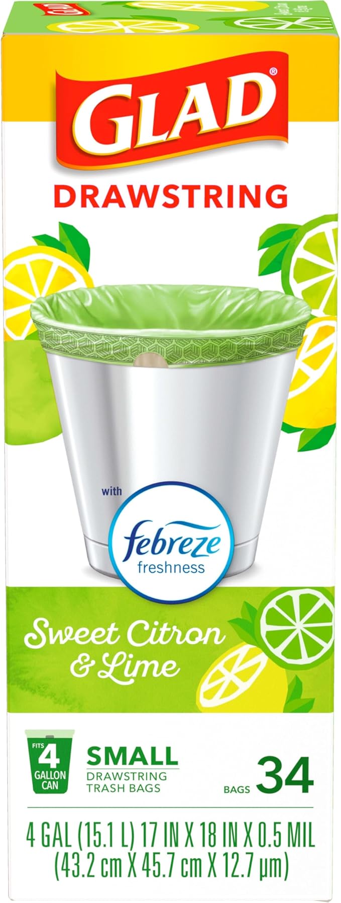 Glad Small Kitchen Drawstring Trash Bags, 4 Gallon, Febreze Sweet Citron & Lime, 34 Count