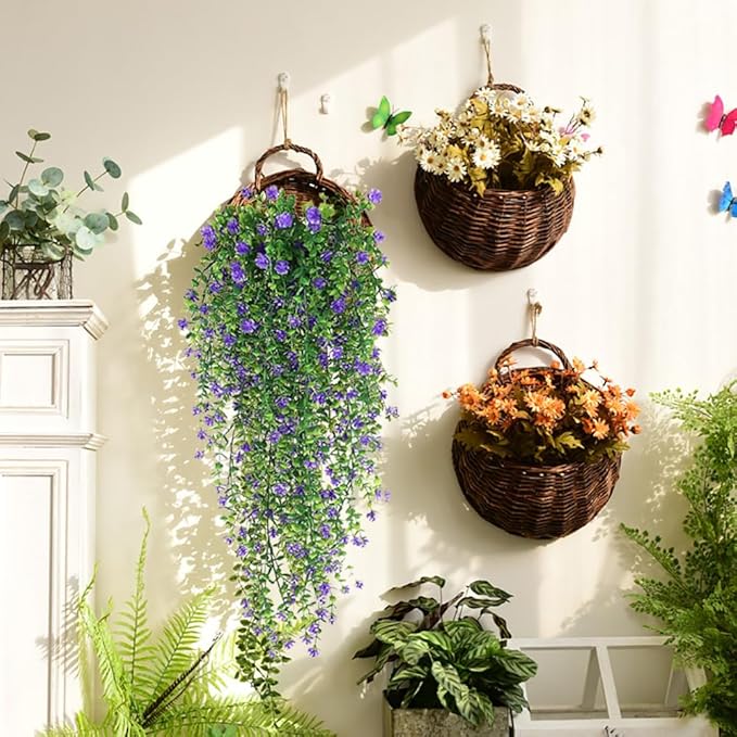 WEISPARK Artificial Hanging Flowers, 4pcs Fake Eucalyptus Vine Faux Flower Greenery Garland Plastic Plants for Indoor Outdoor Wall Garden Wedding Home Party Decor (Purple)