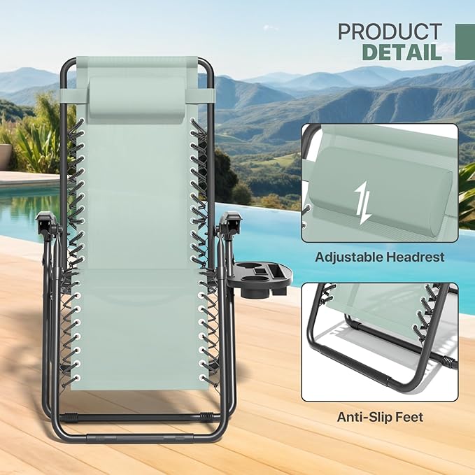 Magshion Zero Gravity Lounge Chairs Set of 2, Outdoor Patio Reclining Chair with Side Tray, Adjustable Anti-Gravity Recliners with Pillow Headrest, Folding Lounger for Lawn Camping Beach, Sage Green