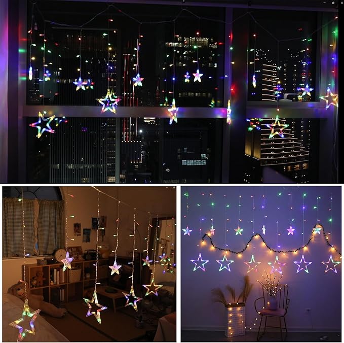 Vigdur Star Curtain String Lights, 12 Stars 138 LEDs Star Window Lights with Remote & 8 Flashing Modes Christmas String Lights for Christmas Wedding Party Home Decorations(8.2FT)