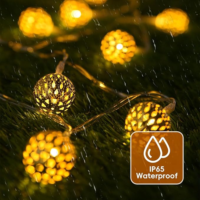 LED Moroccan Fairy Lights - 40 Indoor/Outdoor Battery Operated String Lights with 8 Modes - Waterproof Globe Lights for Home, Patio, Wedding, Diwali, Christmas Decor - Warm White