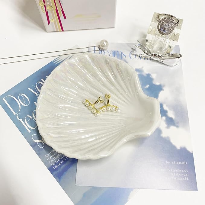 Ring Dish Shell Shape Ceramic Jewelry Dish Tray, Decorative Trinket Dish Organizing Rings Earrings Necklaces Keys for Mom Friend Sister, 3.9", White Iridescent Surface