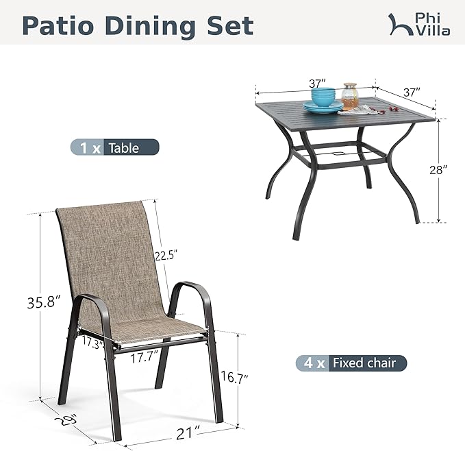PHI VILLA 5 Piece Outdoor Dining Set with 4 Stackable Patio Chairs and a 37'' Metal Slat Square Table, All Weather Small Patio Furniture Set for Deck Lawn Garden Poolside Backyard
