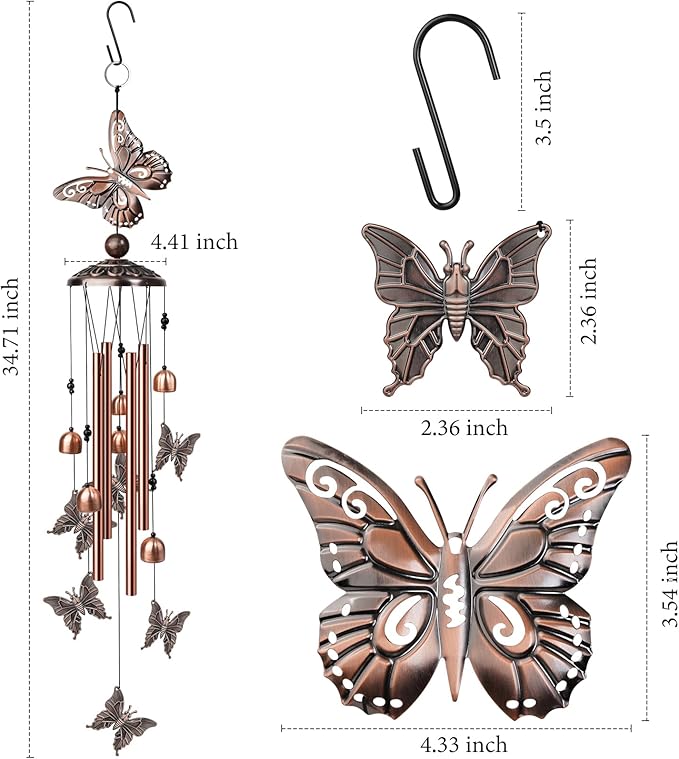 Butterfly Wind Chimes for Outside, Decorative Wind Chimes with 4 Aluminum Tubes Hanging Bells, Memorial Windchimes Outdoors with S Hook for Patio Garden Decor, Birthday Gifts for Mom Grandma