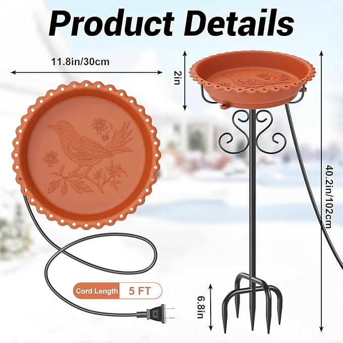 Heated Bird Baths for Outdoors,Upgraded 100W Thermostat Control Heated BirdBaths for Winter with Metal 5 Prong Base Heated Bird Bath for Outside Winter Garden Yard Patio Lawn (Brown)