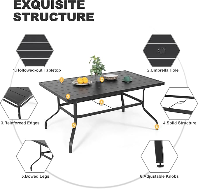 NUU GARDEN 7 Piece Outdoor Dining Set, 6 Textilene Dining Chairs and 61" Rectangular Dining Table with 1.57" Umbrella Hole, for Backyard, Patio, Garden, Gray and Black
