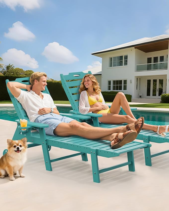 Carauci Lounge Chair Outdoor, HDPE Chaise Lounge with Wheels, 5-Position Adjustable Backrest & 2 Cup Holders Patio Lounge Chair, All-Weather Pool Sun Lounger for Poolside, Backyard, Lake Blue