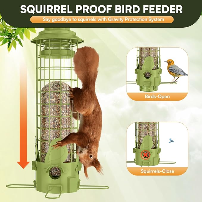 Squirrel Proof Bird Feeders for Outdoors Hanging,Metal Mesh Bird Feeders Weight Activated - Large Tube Wild Bird Feeders Squirrel Proof with 3LB Capacity for Finch, Cardinal, Blue Jay