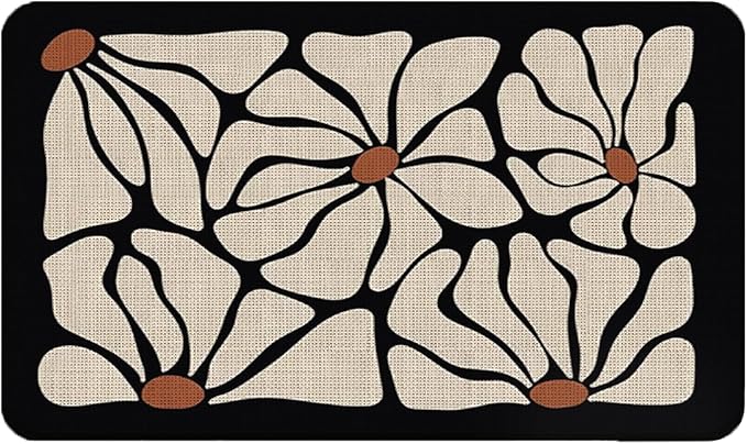 Boho Beige and Black Floral Door Mat - Bohemian Neutral Floral Front Door Welcome Mats Outdoor Entrance, 17x30 Rug