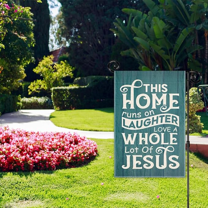 This Home Runs on Laughter Love a Whole Lot of Jesus Garden Flag, Double Sided Yard Outdoor Farmhouse Lawn Porch Decor Flag, Christian Religious Decor Flag, Bible Faith Housewarming Gifts