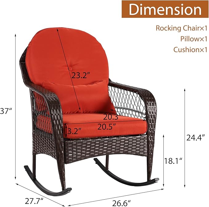Outdoor Wicker Rocking Chair, All Weather PE Rattan Rocker with Cushion & Pillow, Outdoor Rocking Furniture for Garden, Porch, Backyard, Poolside (Brown Rattan+ Orange Cushion)