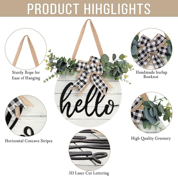 3D Hello Spring Wreaths for Front Door | White Horizontal Round Wreaths | Housewarming Gift | Farmhouse Wood Door Hanger for Home Decor Indoor and Outdoor, Classroom, Yard, Porch Decor