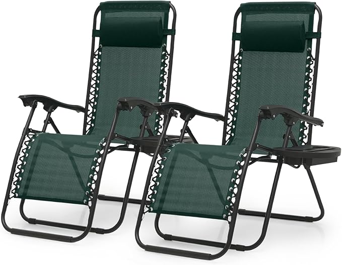 Magshion Zero Gravity Lounge Chairs Set of 2, Outdoor Patio Reclining Chair with Side Tray, Adjustable Anti-Gravity Recliners with Pillow Headrest, Folding Lounger for Lawn Camping Beach, Green