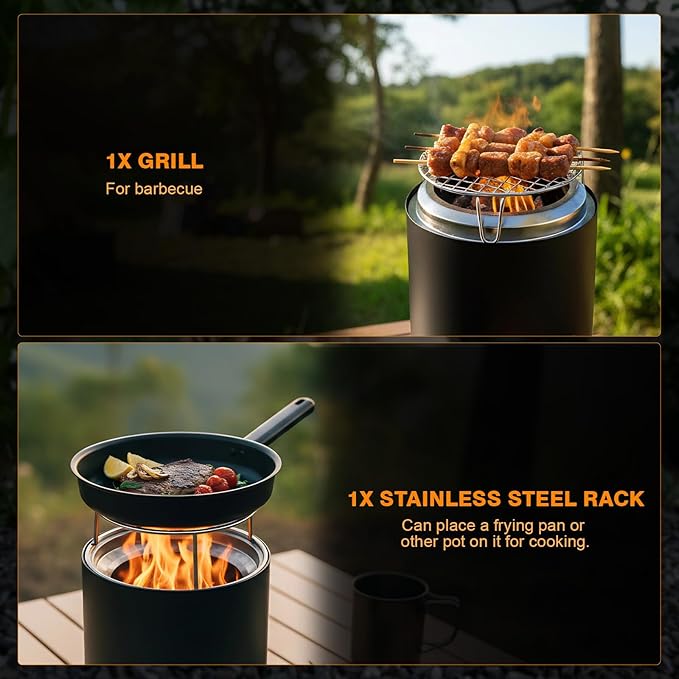 CHANGE MOORE 7'' Second Burning Smokeless Tabletop Fire Pit Cap Kit, Fire Start for Big Fire Pit or Outdooor Use, Compatible with Solo Stove Mesa XL, 201 Stainless Cap + Rack + Grill for 7'' Stove