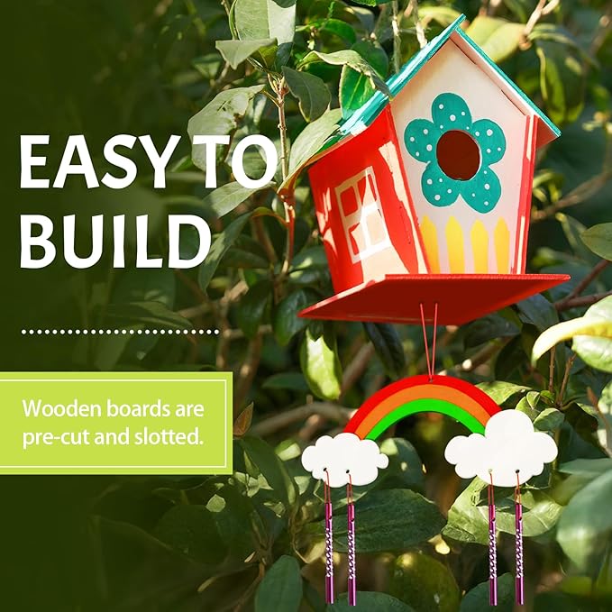 Crafts for Kids Ages 4-8 - 12 Pack DIY Bird House Wind Chime Kit Party Favors - Build and Paint Birdhouses Wooden Arts Kits - Easter Basket Stuffers Gifts for Girls Boys Toddlers Ages 3-5 4-6 6-8 8-12