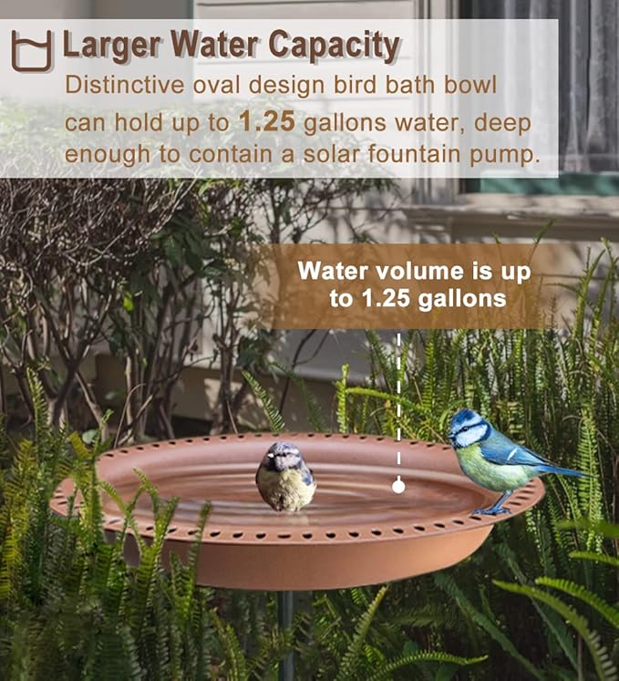 Garbuildman Upgraded 5-Prong Base Bird Bath with Metal Stake, Detachable Decoration Bowl Spa & Freestanding Birdfeeder for Outdoor Garden, Oval Style, Brown