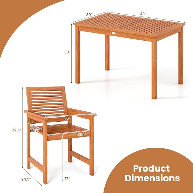Tangkula 5 Pieces Patio Wood Dining Set, Outdoor Rectangular Table and Chairs, Outside Furniture Set for Deck, Garden and Backyard
