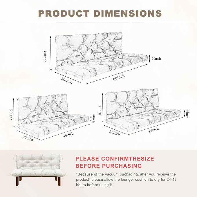 Porch Swing Cushion with Backrest, Waterproof Bench Cushion for Outdoor Furniture, 2-3 Seater Replacement Thickened Swing Cushion with Ties, Patio,Outdoor, Backyard and Garden (Cream,60x40in)