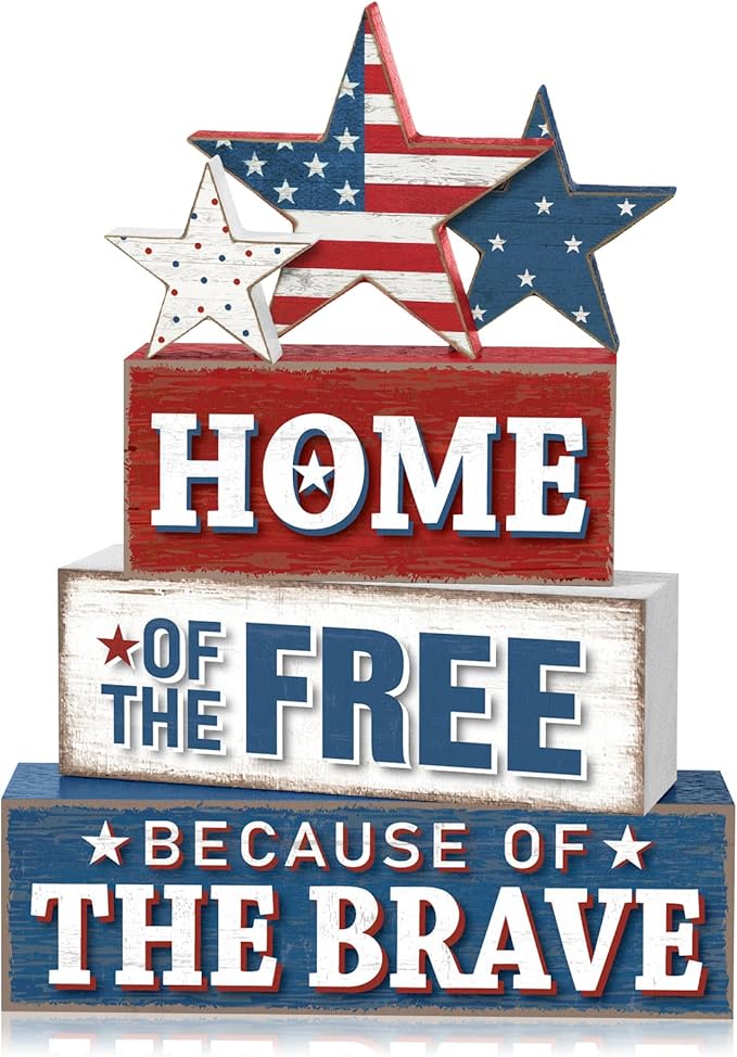4 Pcs 4th of July Patriotic Table Decor Flag Star Wooden Sign Home of the Free Because of the Brave Block Red White Blue Tiered Tray Decor Rustic Tabletop Centerpiece for Home Desk Shelf Mantel