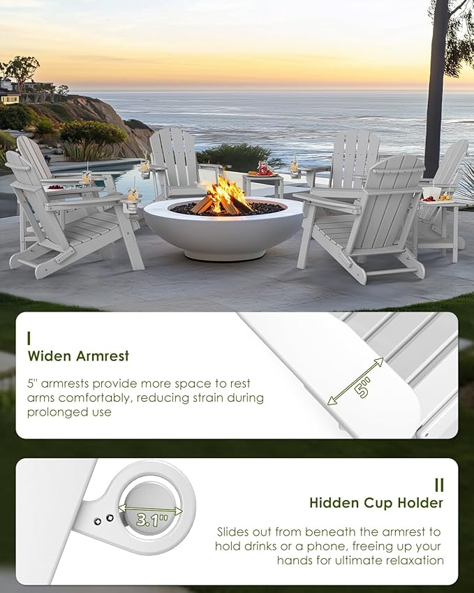 GREENVINES Folding-Adirondack-Chair | HDPE Plastic | Fire Pit Chairs | All Weather | Cup Holder | White | for Deck Backyard Patio Outdoor Garden