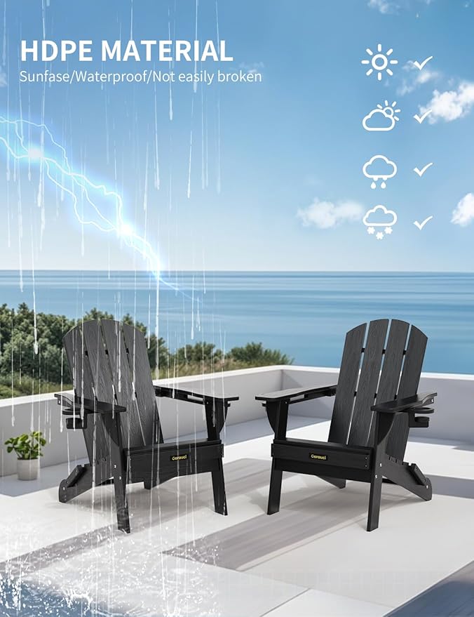 Folding Adirondack Chair Set of 2, Wooden Textured Plastic Adirondack Chairs with 2 Cup Holder, Weather Resistant HDPE Fire Pit Chair, Outdoor Patio Chairs for Garden, Backyard, Lawn, Deck, Black