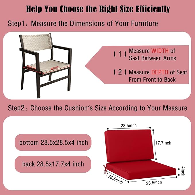 idee-home Outdoor Cushions for Patio Furniture, Outdoor Seat Cushion, Waterproof Hampton Bay Deep Seat Replacement Couch Chair Cushions for Garden Lawn Backyard Deck, Red 28.5 x 28.5