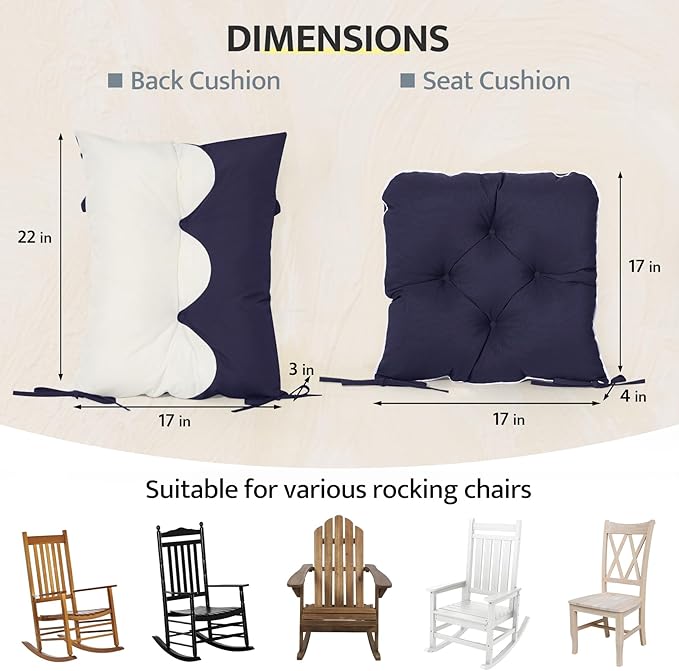 mudilun Outdoor Adirondack Chair Cushion High Weather Resistant Tufted Waterproof Rocking Chair Cushions Anti-Slip Thickened High Back Patio Seat Pads(Outdoor-Navy Blue-White)