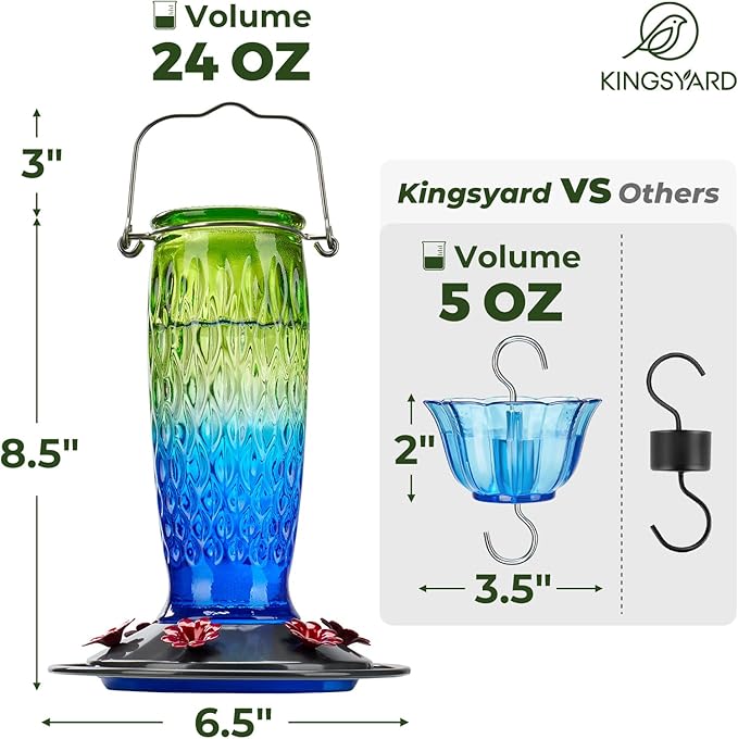 Kingsyard 2 Pack Glass Hummingbird Feeders for Outdoors Hanging, Wild Bird Nectar Feeder with 6 Feeding Ports, 24 oz Leak-Proof, Green & Blue (Ant Moat Included)