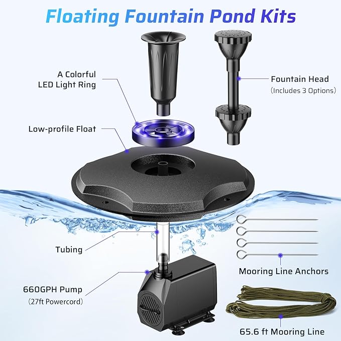 Antfraer Floating Pond Fountain with LED Lights - 40W 660GPH Pump with 3 Spray Modes, Floating Fountain 27FT Power Cord & 65.6FT Mooring Line for Garden Ponds, Waterfalls & DIY Water Features