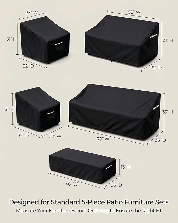 Patio Furniture Cover Set, 5-Piece Outdoor Furniture Cover Waterproof, Covers for Sofa, Loveseat, Chairs & Coffee Table, Heavy-Duty 600D Lawn Patio Set Covers,UV-Resistant All-Season Protection,Black