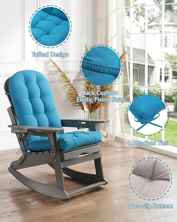 Adirondack Chair Cushion Set of 4, Thickened Patio Chair Cushions with Ties, Waterproof and UV-Protected Rocking Chair Cushion for Indoor and Outdoor, Lake Blue.
