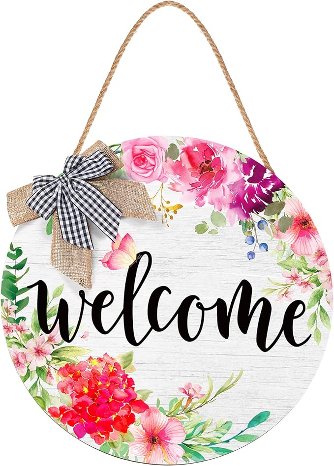 Yookeer Spring Summer Welcome Signs for Front Door Decoration Farmhouse Wreaths Door Hanger Rustic Wooden Welcome Flower Hanging Wall Porch Indoor Home Decor for Spring Summer Seasons Holiday