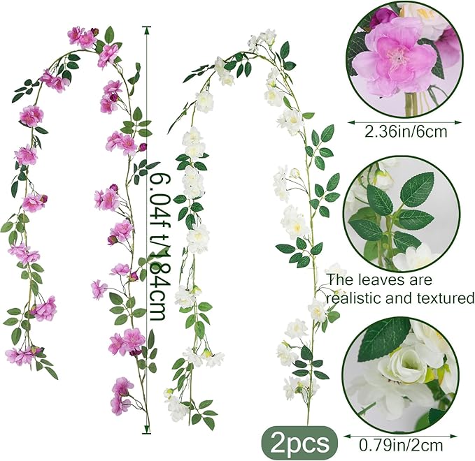 2 Pcs Artificial Flowers Garland for Outdoors Faux Gardenia Garland 12Ft Purple and White Silk Rose Hanging Vines Floral for Wedding Arch Party Wall Garden Ceremony Backdrop Fence Spring Decor