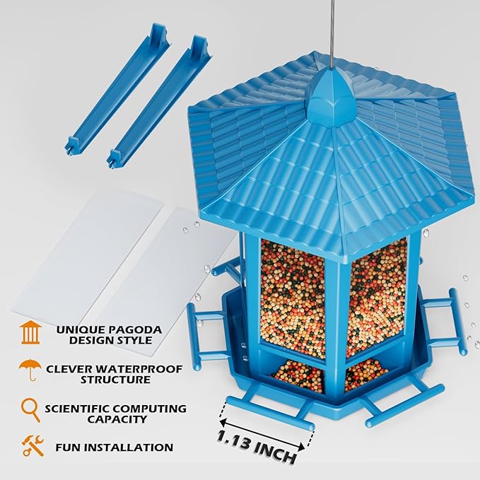 Birdream Bird Feeders for Outdoor Hanging, Fun Installation Pagoda Design Wild Birdfeeder, Attracting Wild Birds Sparrows Finch Cardinal Goldfinch Chickadee - Blue