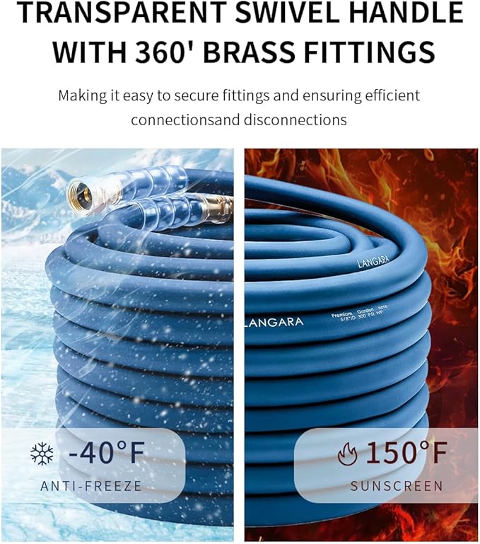 Heavy Duty Premium Garden Hose 25ft x 5/8", 300PSI Working, 1000PSI Burst, Hybrid Rubber Water Hose with Transparent Swivel Handle - Hot/Cold Water - Five Layered Braiding with Brass fittings (Blue)