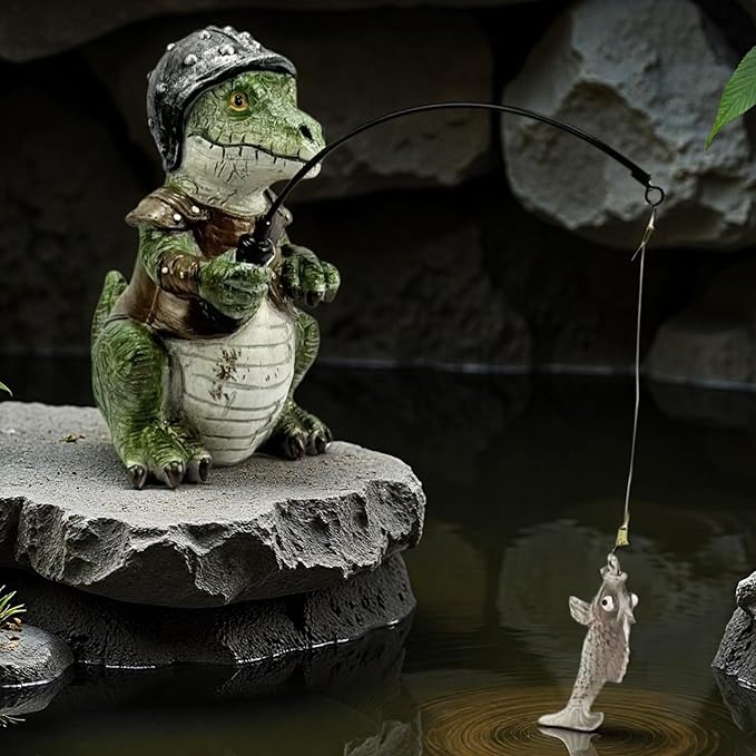 Garden Dinosaur Pond Statues Decoration, Fishing Dinosaur Garden Statue Outdoor Koi Pond or Waterfall Decor, 7.1" Crocodile Fishing Poolside Statue, Animals Patio, Lawn Additional, Gifts for Mom