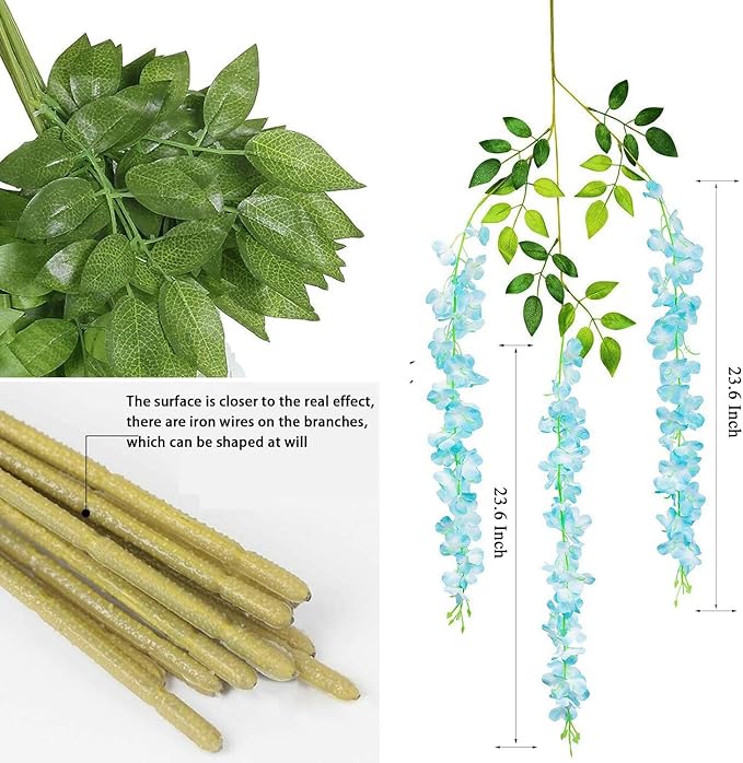 Artificial Flowers Hanging Flowers, Fake Wisteria Flower Garland Silk Vines Rattan String Decor for Home Wedding Arch Wall Garden Greenery Bedroom Outdoor Office Party Decoration (36, Blue)