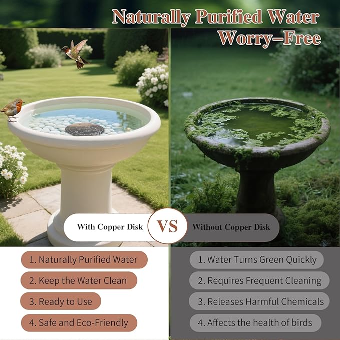 4in Bird Bath Copper Disk, 0.6mm Thickness 99% Pure Copper birdbath purification disk with triple-point Support, Safe Natural Clean Water for All Outdoor Birdbaths Bowls and Year-Round-Use
