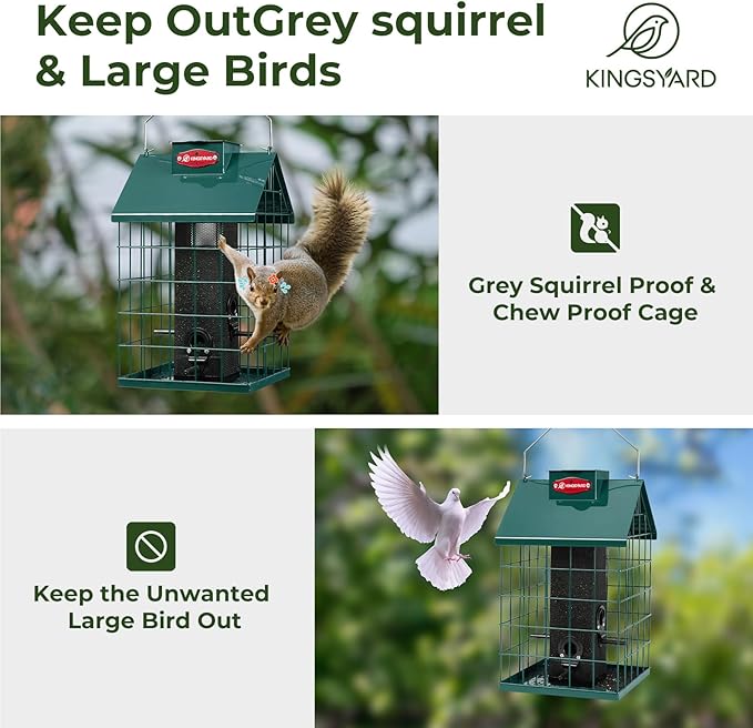 Kingsyard Squirrel Proof Caged Bird Feeder for Outdoor Hanging - Weatherproof Metal Mesh Tube Finch Bird Feeder with 4 Ports for Nyjer/Thistle Seed, Small Birds Goldfinches, Chickadees, Green
