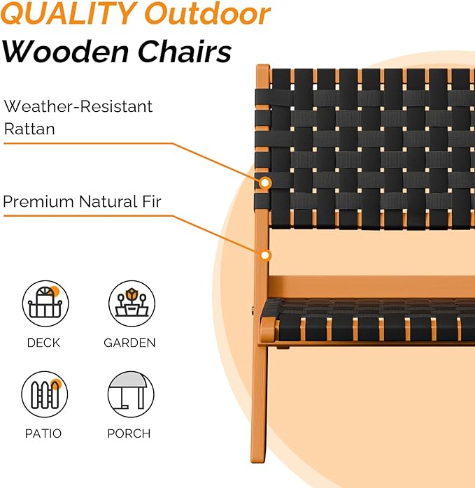 VINGLI Wooden Outdoor Chairs, Portable Rattan Folding Chair with Low Webbing Seat and Backrest, Adirondack Chairs, Ideal for Patio, Lawn, Garden, Fishing, Black, 1 Pack